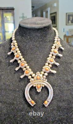 16 GEM! PETITE Vintage Navajo Sterling Silver Coral SQUASH BLOSSOM Necklace