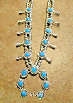 26 DELIGHTFUL Vintage Navajo Sterling Silver Turquoise SQUASH BLOSSOM Necklace