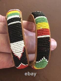 A PAIR VINTAGE Navajo Indian COLORFUL Seed Beadwork Native Beaded Cuff Bracelets