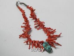 Antique Vintage Navajo Indian Sterling Silver Turquoise Branch Coral Necklace