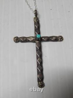 Antique / Vintage Navajo Indian Sterling Silver Turquoise Cross Free Chain