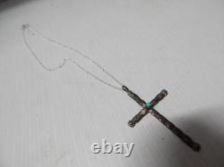 Antique / Vintage Navajo Indian Sterling Silver Turquoise Cross Free Chain