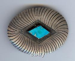 Early Vintage Navajo Indian Silver Intricate Stampwork Diamond Turquoise Buckle