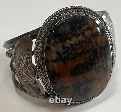 Fabulous Vintage Navajo Indian Silver Giant Scenic Petrified Wood Cuff Bracelet
