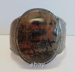Fabulous Vintage Navajo Indian Silver Giant Scenic Petrified Wood Cuff Bracelet