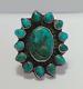 Great Early Vintage Navajo Indian Silver Multi Turquoise Cluster Ring Size 7-1/2