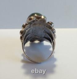 Great Large Vintage Navajo Indian Silver Green Turquoise Cabochons Ring Size 7.5