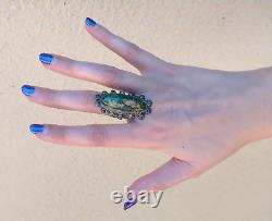 Great Large Vintage Navajo Indian Silver Green Turquoise Cabochons Ring Size 7.5