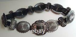 Great Vintage Navajo Indian Leather Belt With Stamped Repousse Silver Conchos