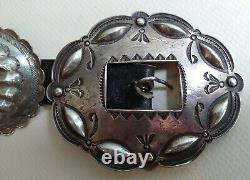 Great Vintage Navajo Indian Leather Belt With Stamped Repousse Silver Conchos