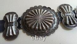 Great Vintage Navajo Indian Leather Belt With Stamped Repousse Silver Conchos