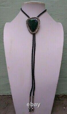 Great Vintage Navajo Indian Silver Large Green Variscite Or Turquoise Bolo Tie