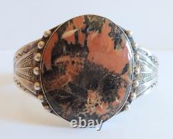 Great Vintage Navajo Indian Silver Large Scenic Petrified Wood Cuff Bracelet