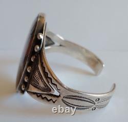 Great Vintage Navajo Indian Silver Large Scenic Petrified Wood Cuff Bracelet