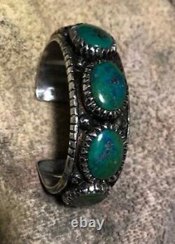 Green Turquoise Vintage 5 stone Cuff Indian Bracelet 925 wt 72.8 DWT signed