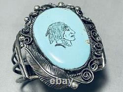 Hand Carved Indian Head Vintage Navajo Turquoise Sterling Silver Bracelet