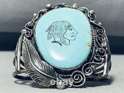 Hand Carved Indian Head Vintage Navajo Turquoise Sterling Silver Bracelet