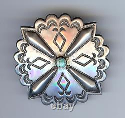 Handsome Vintage Navajo Indian Stamped Silver Repousse And Turquoise Pin Brooch