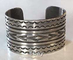 Handsome Wide Vintage Navajo Indian Stampwork Silver Cuff Bracelet