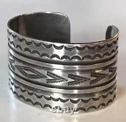 Handsome Wide Vintage Navajo Indian Stampwork Silver Cuff Bracelet