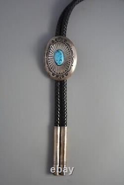 Large Vintage Navajo Indian Sterling Silver Bolo Tie Turquoise w. Sunrays 46