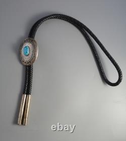 Large Vintage Navajo Indian Sterling Silver Bolo Tie Turquoise w. Sunrays 46