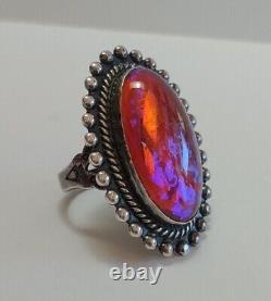 Large Vintage Navajo Indian Sterling Silver Dragons Breath Opal Ring Size 6-1/2