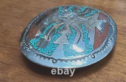 Lg Vintage Navajo Indian Djn Delvin Nelson Belt Buckle Silver, Turquoise, Coral