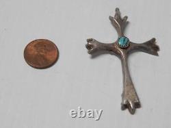 Lrg Old Heavy Vintage Navajo Indian Sterling Silver Turquoise Cross 4 Necklace