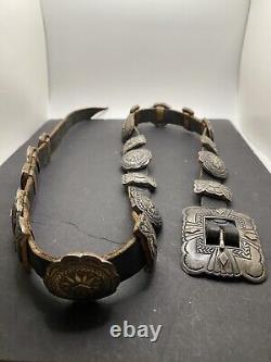 Navajo Concho Belt 92.5 Sterling Leather Vintage Hand Stamped Signed JE 1980's