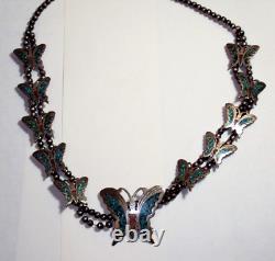 Navajo Native American Indian Silver Turquoise Necklace Butterflies Vintage