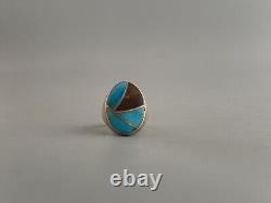Old Pawn Vintage Navajo Indian Silver Ring Inlaid Turquoise Shell Sz 12.5