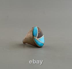 Old Pawn Vintage Navajo Indian Silver Ring Inlaid Turquoise Shell Sz 12.5