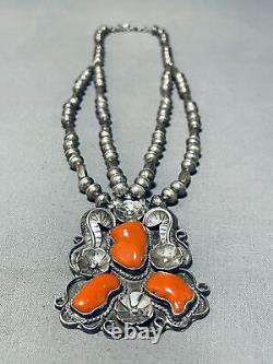 One Of The Finest Vintage Navajo Coral Sterling Silver Chunk Necklace