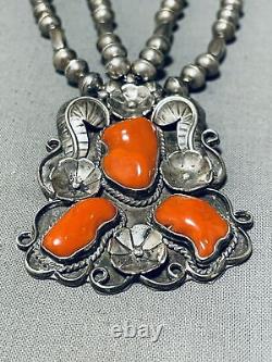 One Of The Finest Vintage Navajo Coral Sterling Silver Chunk Necklace