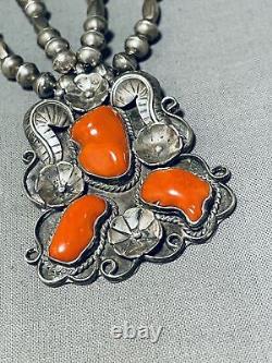 One Of The Finest Vintage Navajo Coral Sterling Silver Chunk Necklace