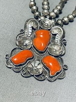 One Of The Finest Vintage Navajo Coral Sterling Silver Chunk Necklace