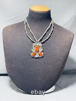 One Of The Finest Vintage Navajo Coral Sterling Silver Chunk Necklace