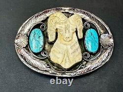 RAM & Turquoise Vintage FJ Frances Jones Navajo Indian Handcrafted Belt Buckle