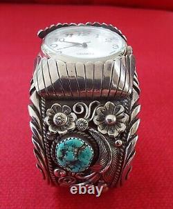 Signed Vintage Navajo Silver Cuff Bracelet Morenci Turquoise Nuggets Watch Works