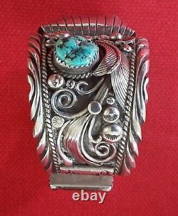 Signed Vintage Navajo Silver Cuff Bracelet Morenci Turquoise Nuggets Watch Works