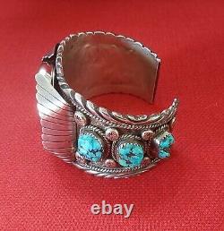 Signed Vintage Navajo Silver Cuff Bracelet Morenci Turquoise Nuggets Watch Works