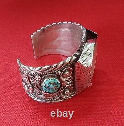 Signed Vintage Navajo Silver Cuff Bracelet Morenci Turquoise Nuggets Watch Works