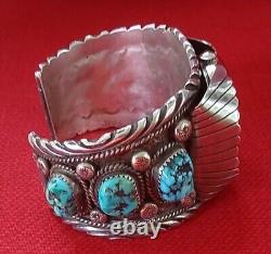 Signed Vintage Navajo Silver Cuff Bracelet Morenci Turquoise Nuggets Watch Works