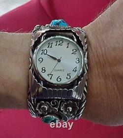 Signed Vintage Navajo Silver Cuff Bracelet Morenci Turquoise Nuggets Watch Works