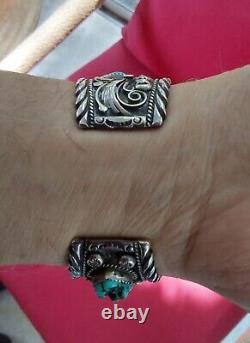 Signed Vintage Navajo Silver Cuff Bracelet Morenci Turquoise Nuggets Watch Works