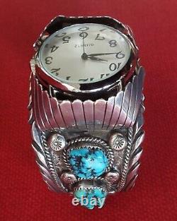 Signed Vintage Navajo Silver Cuff Bracelet Morenci Turquoise Nuggets Watch Works