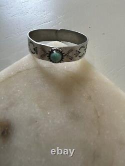 Small Child Size Wrist Vintage Navajo Indian Coin Silver Cuff Bracelet Turquoise