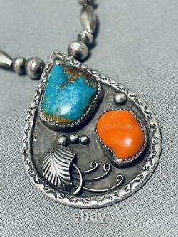 Tremendous Vintage Navajo Kingman Turquoise & Coral Sterling Silver Necklace