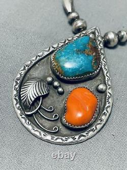 Tremendous Vintage Navajo Kingman Turquoise & Coral Sterling Silver Necklace